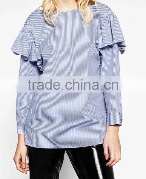 Runwaylover EY2388B 2017 New Style Ladies Fashion Falbala Stripe Blouse photo-2