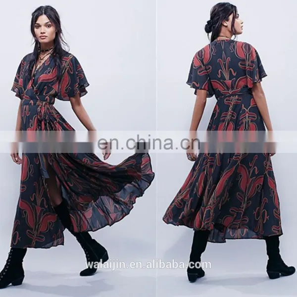 High Quality Deep v Neck Maxi Wrap Dress Lady, Long Print Wrap Dress photo-2