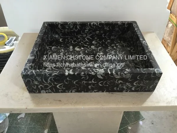 Black Sea Shell Marble Bathroom Vessel Rectangular Sink Black Marble Wash Basin photo-3