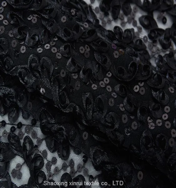 Black and Gold Sequin Paillette Fabric Embroidery photo-4