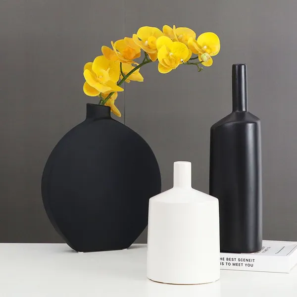 Circular Chinese Large White Black Elegant Round Vase For Hotel Office Home Showroom photo-2