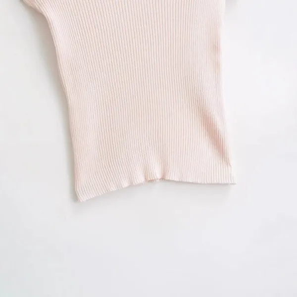 Slim Fit, Deep V-neck, Slim Figure, Flying Sleeves, Short Sleeves, Knitted T-shirt for Women, Khaki, One Size Fits All, Pink photo-2