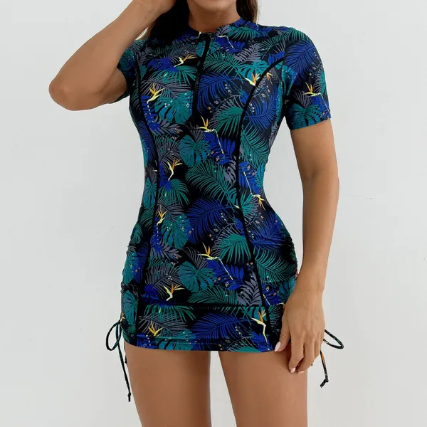 Conservative Short Sleeve Zipper Bathing Suit Surfing Fitness Swimwear