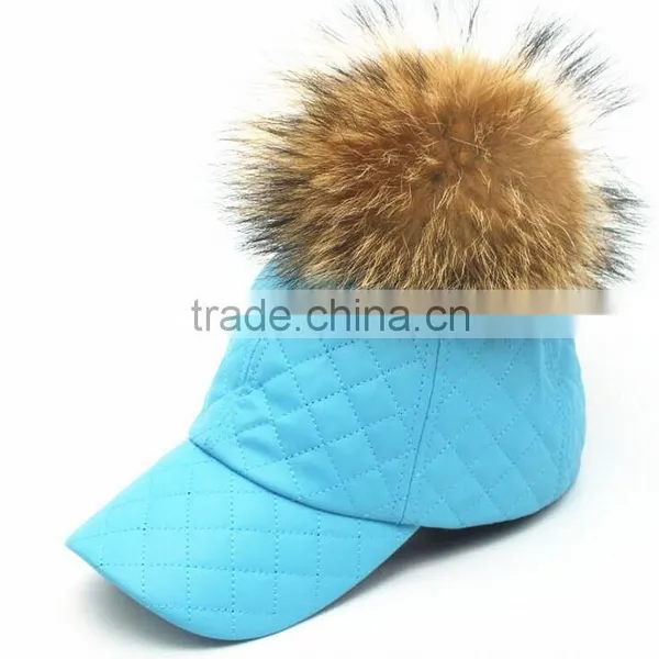 Fashion Genuine Raccoon Fur Pompom Hat New PU Leather Baseball Snapback Cap Unisex Woman Man Hat With Real Raccoon Fur Balls photo-4