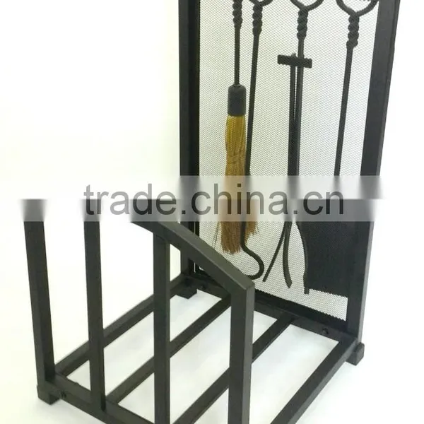 5 Piece Matte Black Hearth Center, Log Rack With Fireplace Tools photo-3