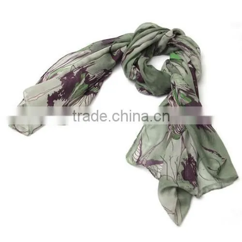 Green Begonia Flower Ink Style Long Cotton Neck Scarf Shawl photo-5