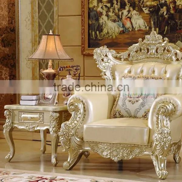 Graceful New Classic Living Room Sofa Solid Wood Carving Champagne Goldfoil Genuine Leather Sofa Set photo-2