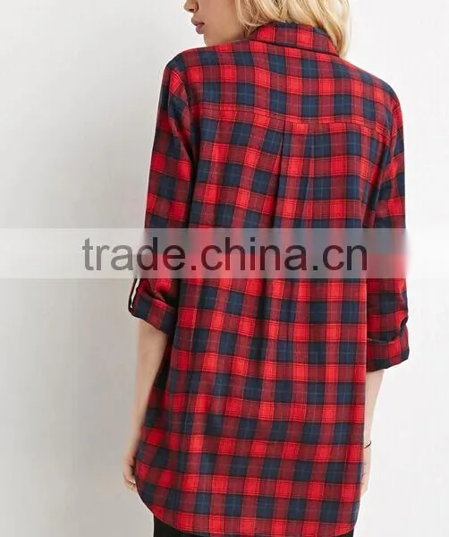 Longline Plaid Flannel Shirt High Quality Blouse OEM Women's Shirts photo-2