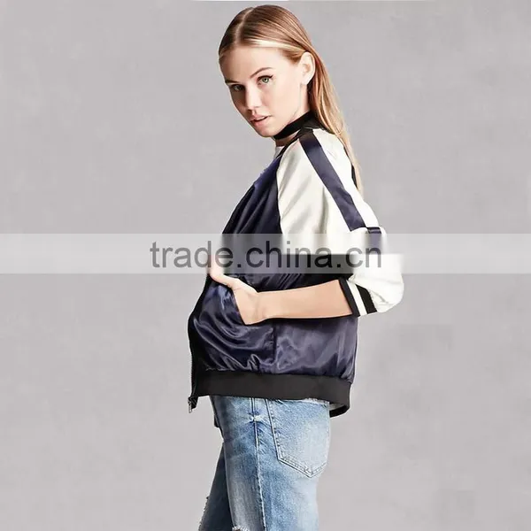 Satin Back Floral Embroidered Striped Raglan Sleeves Casual Coats for Ladies photo-5