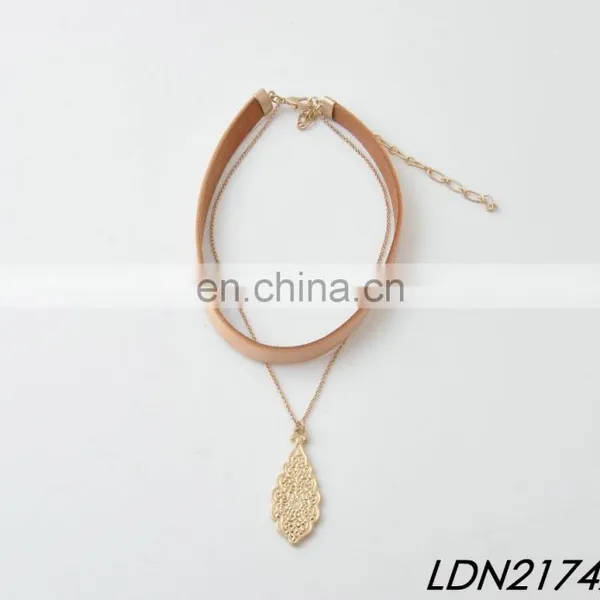 Gold Pendant Chian Necklace Jewelry Brown Suede Leather Choker Necklace Sets photo-2