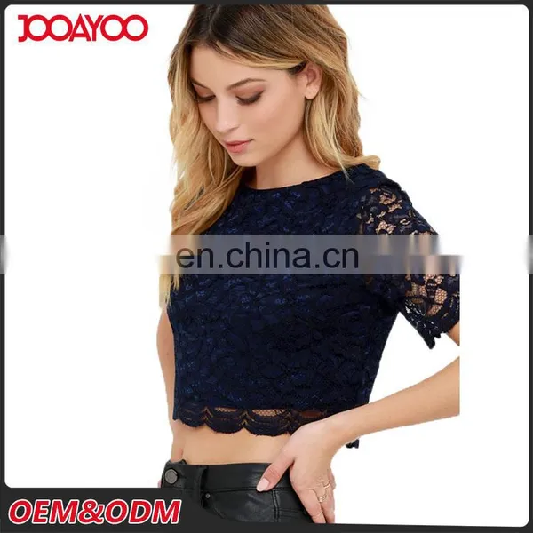 Custom Design Round Neck Navy Blue Floral Ladies Tops Short Sleeve Lace Ladies Sexy Crop Top photo-2