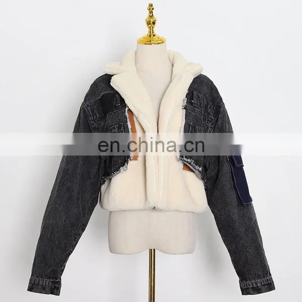 Winter 2020 Women New Fashion Thick Warm Denim Coat Tailored Collar Stitching Contrast Color Lamb Wool Loose-fitting Jacket photo-4
