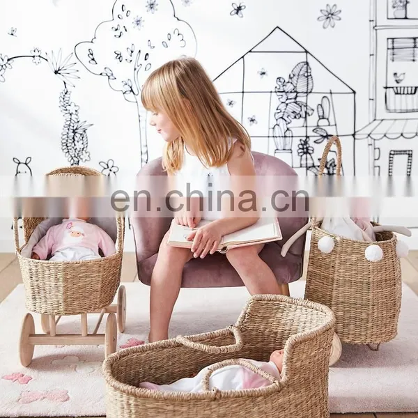 High Quality Rustic Seagrass Pram Basket Doll Stroller Trolley For Kids Wicker Shopping Basket Wholesale Supplier photo-5