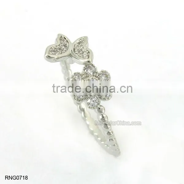 Simple Fashion Double Leaf Shape Diamond Copper Adjustable Ring For Women photo-5