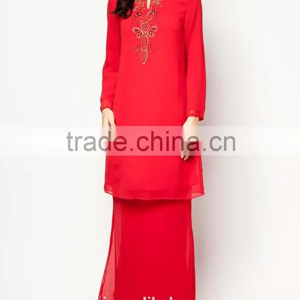 Red 100% Polyester Embroidered Beaded Elegant Women Muslim Dress photo-2