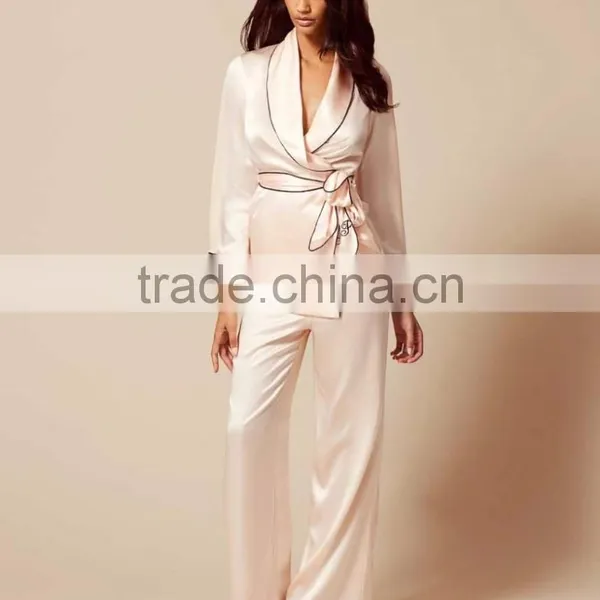 Women's Satin Pyjamas Wedding Robe Tie Waist Embroidered Sleepwear Custom Smooth And Soft Artificial Silk photo-5