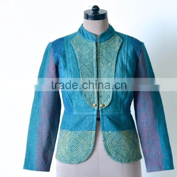 Vintage Kantha Jacket in Viridian Green With Embroidery ~ Extra Large photo-2