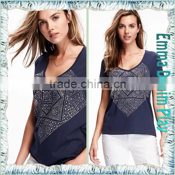 2016 New Designs Wide Open Neck Blue Printing Cotton T Shirts for Sexy Womens photo-4