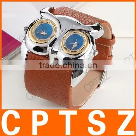 Fashion PU Band Watch Dial Retro Owl Double Double Movement Waterproof Sport Watch photo-3