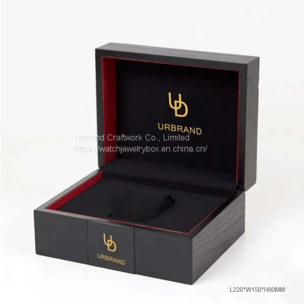 Matte Black Painted Popular Natural Wood Watch Display Box Solid Wood Watch Gift Box With Metal Logo Plate photo-3