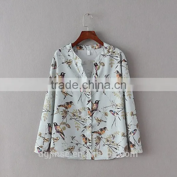 The Spring Summer Ladies Tops Socialite Retro Birds Digital Printing Long Sleeve Chiffon Blouse for Women photo-2