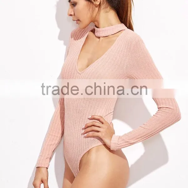 Pink Cut Out Mock Neck Zipper Back Ribbed Bodysuit Cotton Blends Long Sleeve Sexy V Neck Sweater photo-3