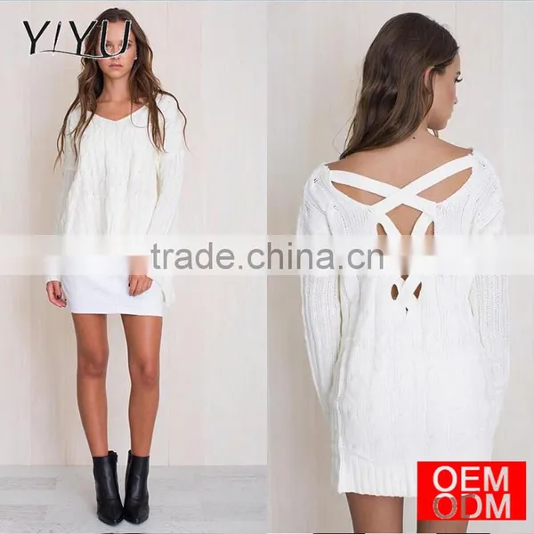 Autumn Criss Cross Top Backless Knitted Sweater Women 2017 Spring Oversized Knitwear Loose Jumpers White Pullover photo-5