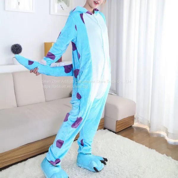 Blue Cow Cartoon Flannel Conjoined Polyester Pajamas photo-2