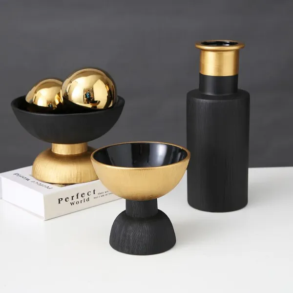 Black And Gold Luxurious Abstract Ceramic Vase Fruit Ornament Vessel For Living Room Table photo-3