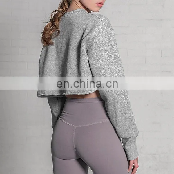 1 Pcs Custom Logo Gymwear Crop Top Workout Sports Running Woman Long Sleeve Fitness Sweatshirts Top Fleece Crop Sweatshirt photo-5