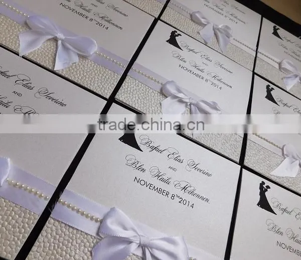 White Metallic Wedding Card With Pearls and Ribbon photo-3