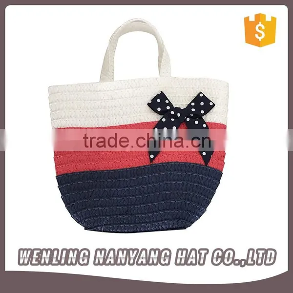 Women Simple Style Striated Girl Woven Straw Bag With Big Bow Vocation Handbag