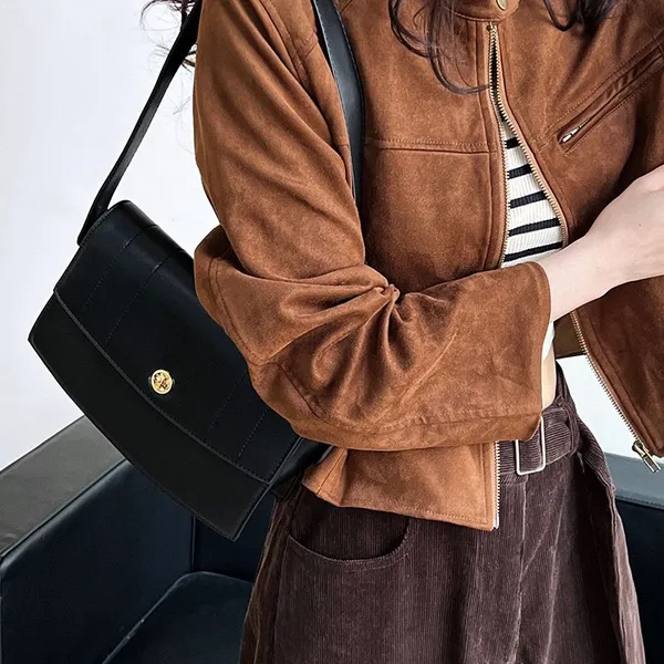 Luxi Early Autumn New Retro Stand up Collar Buckle Suede Jacket Women's Hong Kong Style Short Motorcycle Jacket Top photo-2
