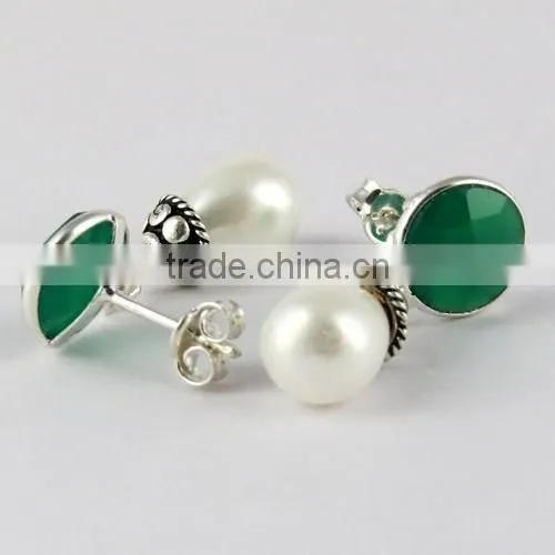 Ever Green !! Pearl & Green Onyx 925 Sterling Silver Earring, Gemstone Silver Jewelry, Handmade Silver Jewelry photo-5