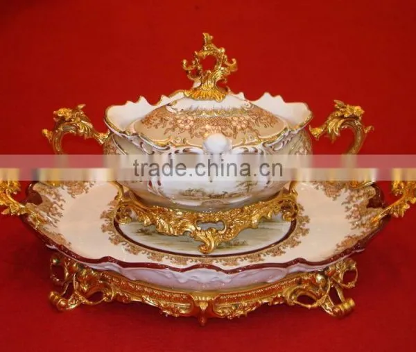 Luxury Royal Style Gilt Brass Soup Pot, Excellent Hand Painted Porcelain With Gold Plated Bronze Handle and Base Stockpot photo-2