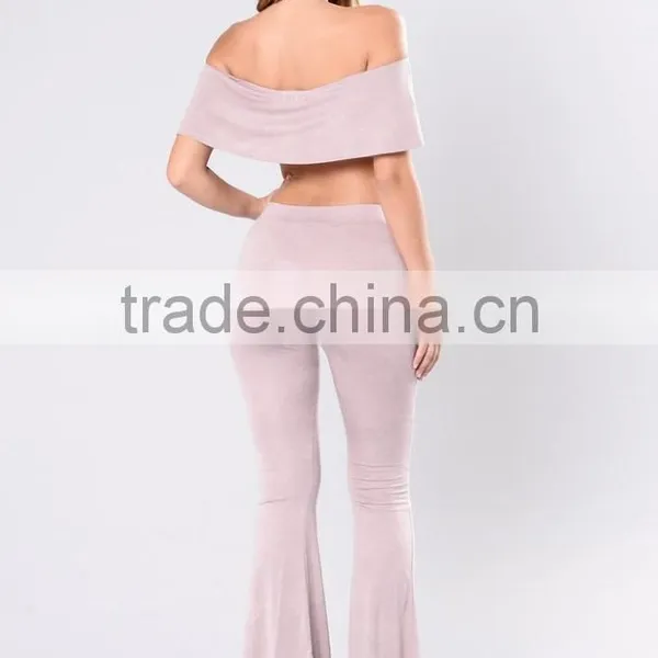 Bundle Clothing Manufacturer Off Shoulder Cropped Top And Flared Wide Leg Ruffle Pants Two Piece photo-5