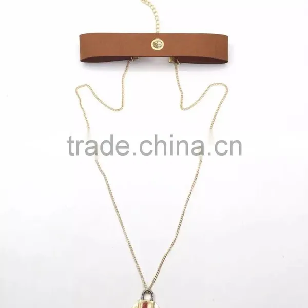 Simple Brand Leather Choker With Locket Pendant Long Chain Necklace photo-5