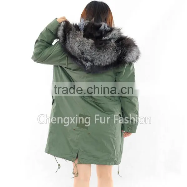 CX-G-P-04 Wholesale Winter Real Silver Fox Fur Lining Army Green Fur Parka Coat photo-5