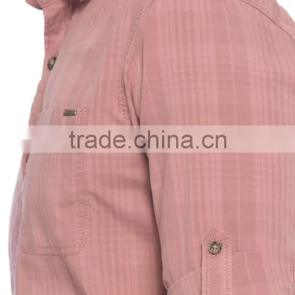 Pink Check Super Skinny Sheer Long Sleeve Buttonless Khaki Men Shirt photo-4