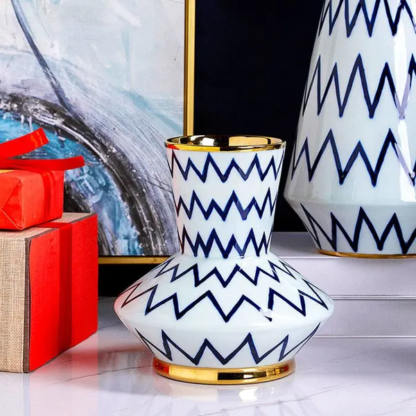 Black White Stripe Hand Made Paint Chinese Jingdezhen Ceramic Plant Vase For Living Room photo-2