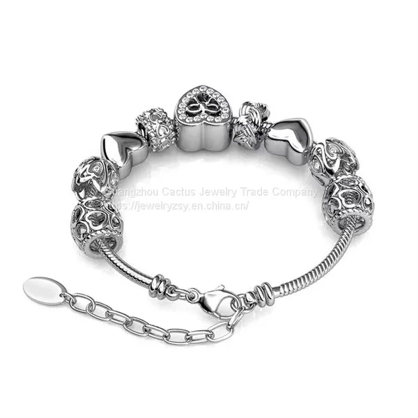Adorer Bow and Heart Charm Sliver Women DIY Bracelet With Premium Grade Crystal