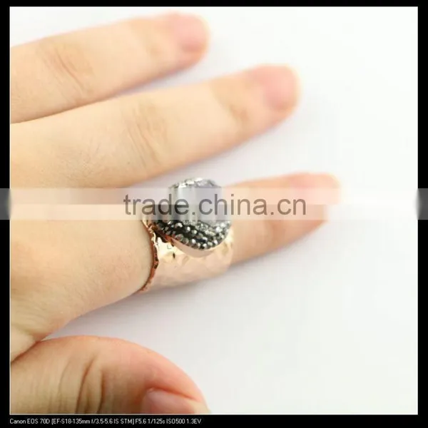 LFD-0017R Natural Druzy Drusy Quartz Stone With Crystal Rhinestone Paved Wide Rings Metal Rose Gold Plated Gemstone Finger Ring