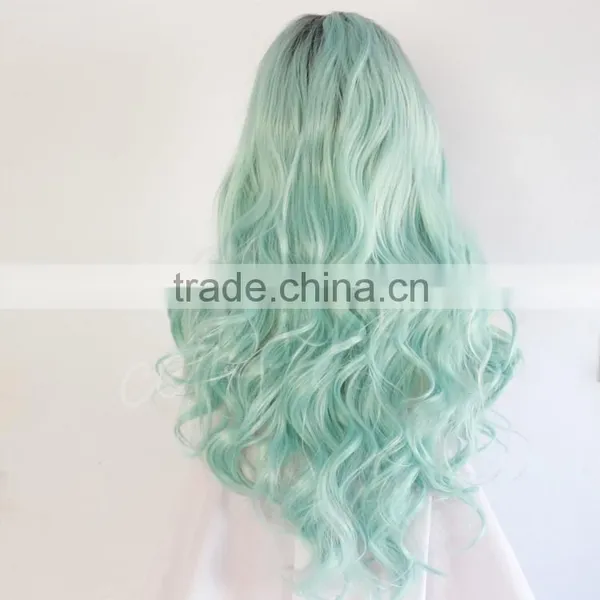 Lace Front Black Green Ombre Wig Long Wavy Curly High Temperature Synthetic Wig photo-3