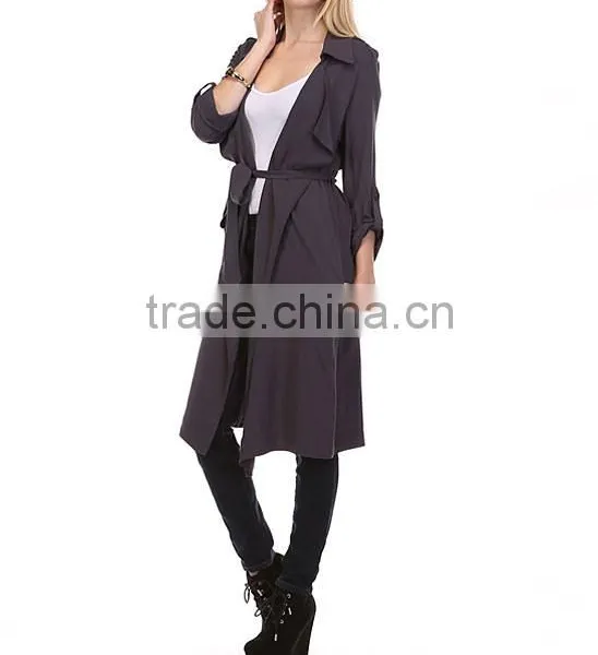 Fashion Modern Apparel Women Trendy Turkey 3/4 Sleeve Plain Spring Winter Coat Charcoal Sheer Trench Long Coat photo-3