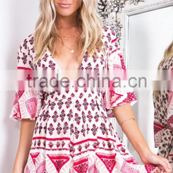 2016 Woman Clothes Designer Chinese Wind Two-piece Outfit In Red Geometric Pattern Playsuit photo-4