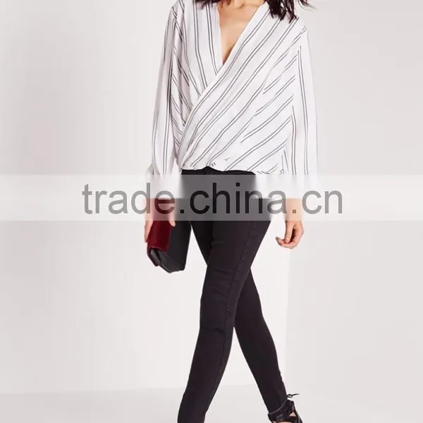 OEM Service New Model Fashion White Wrap Blouse photo-2
