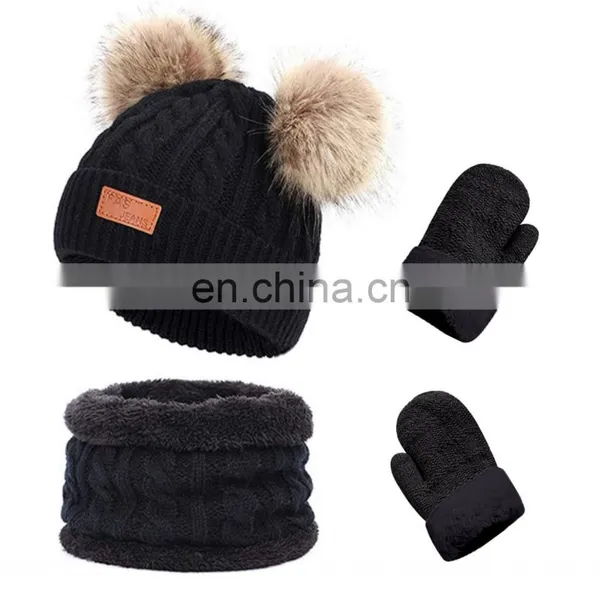 3Pcs Kids Winter Knitted Hat Scarf Gloves Set With Warm Fleece Lined for Children Girls Boys of 1-3 Years photo-3