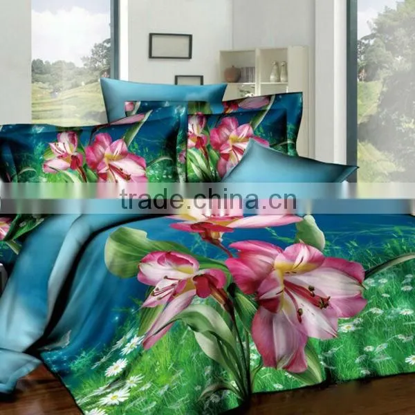 3D Reactive Dye Pink Flower Print Blue & Green Color Bedding Cotton Duvet Cover Bed Set photo-2