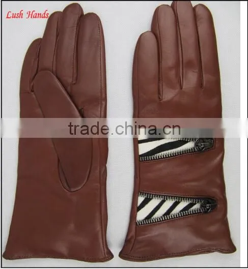 Ladies dr Brown Leather Gloves With Metal Zipper Stich Pattern