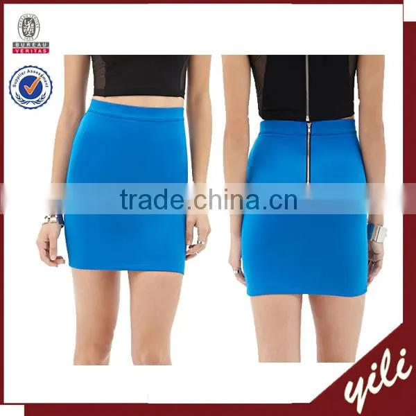 2015 New Fashion Ladys Knitted Fabric Back Zipper Blue Mini Skirt